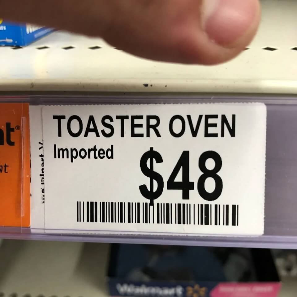 Tilted Walmart price tag for $48 imported toaster oven