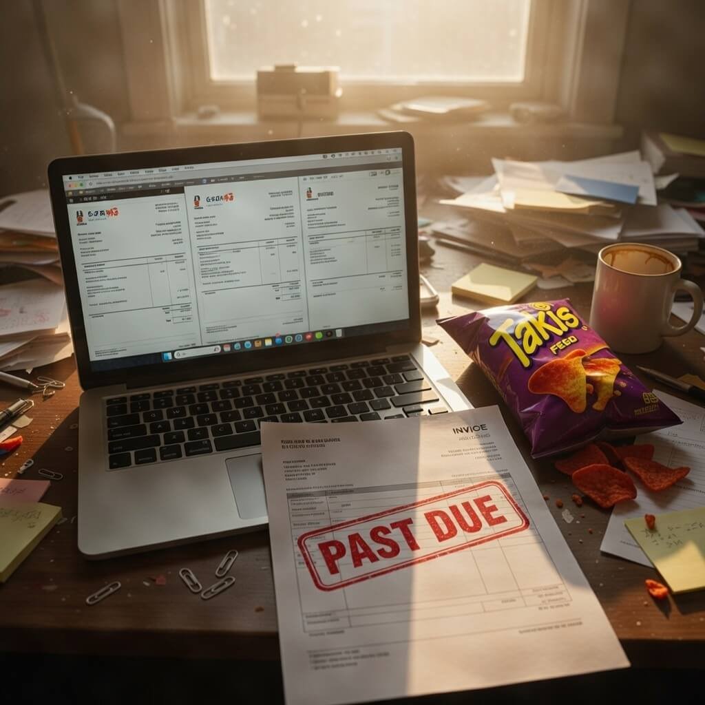Messy home office desk with invoices, Takis, and PAST DUE stamp.