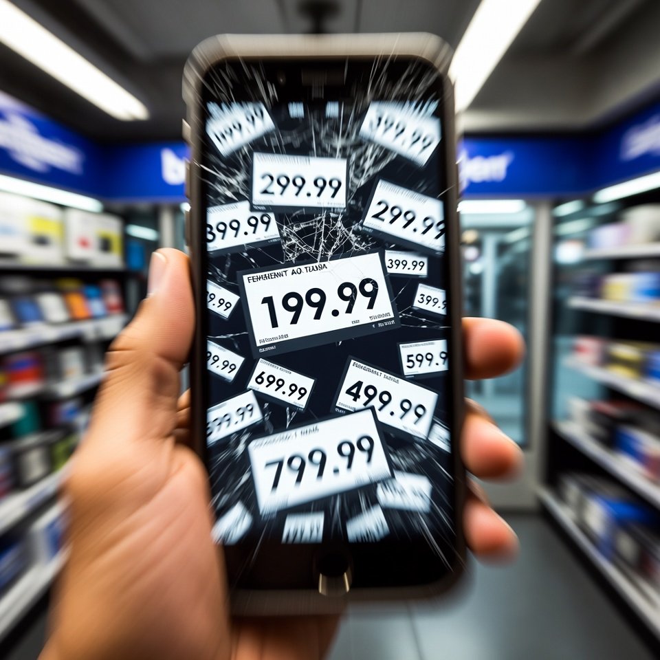 Cracked phone screen in Best Buy showing floating high price tags