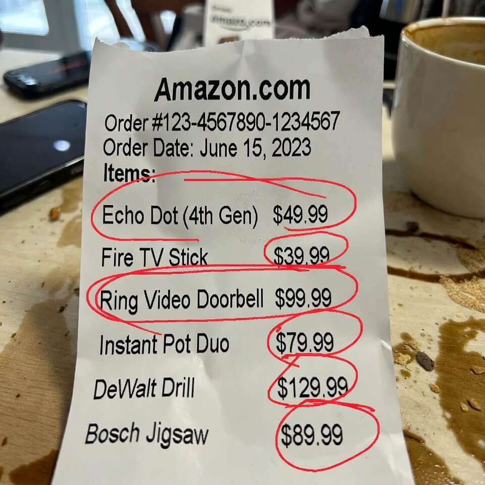 Crumpled Amazon receipt with red-circled price increases on kitchen table