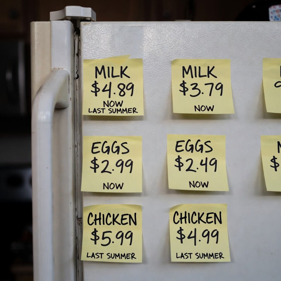 Fridge door with Post-it notes tracking rising food prices