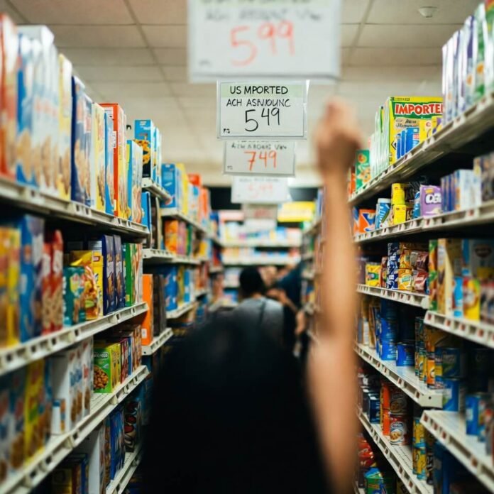 Hand reaching for overpriced cereal in supermarket aisle