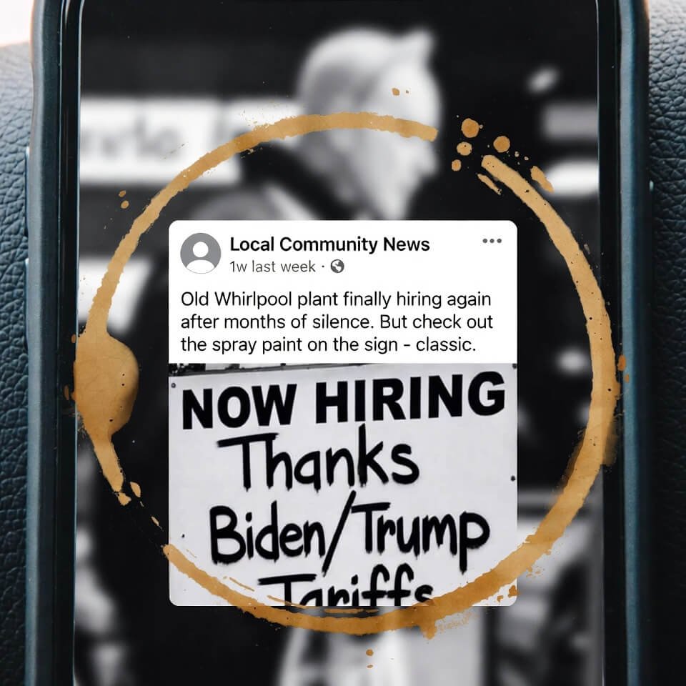 Blurry Facebook post screenshot of defaced "Now Hiring" sign with coffee stain