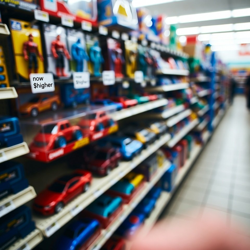 Blurry toy aisle photo with "now $higher" stickers on shelves