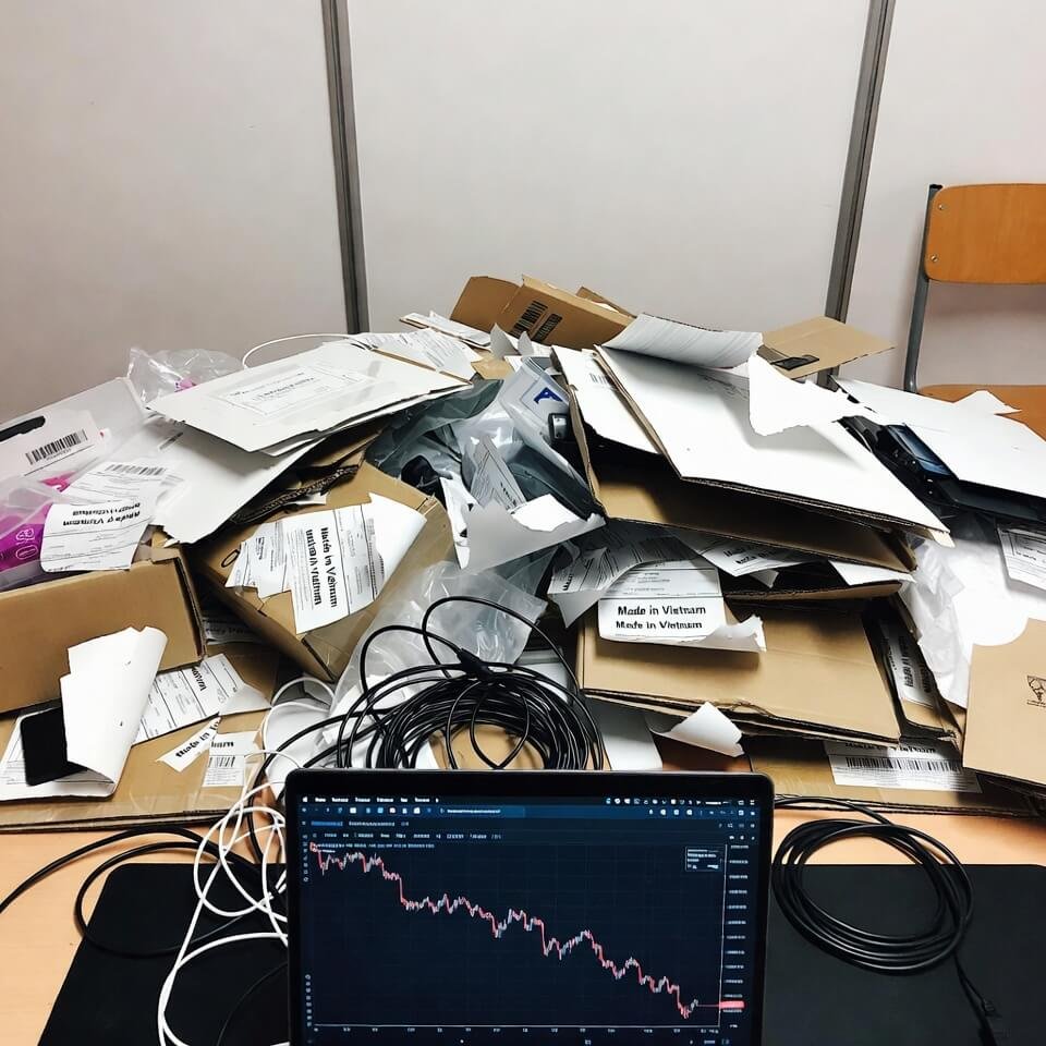 Chaotic desk with "Made in Vietnam" labels and dipping stock chart
